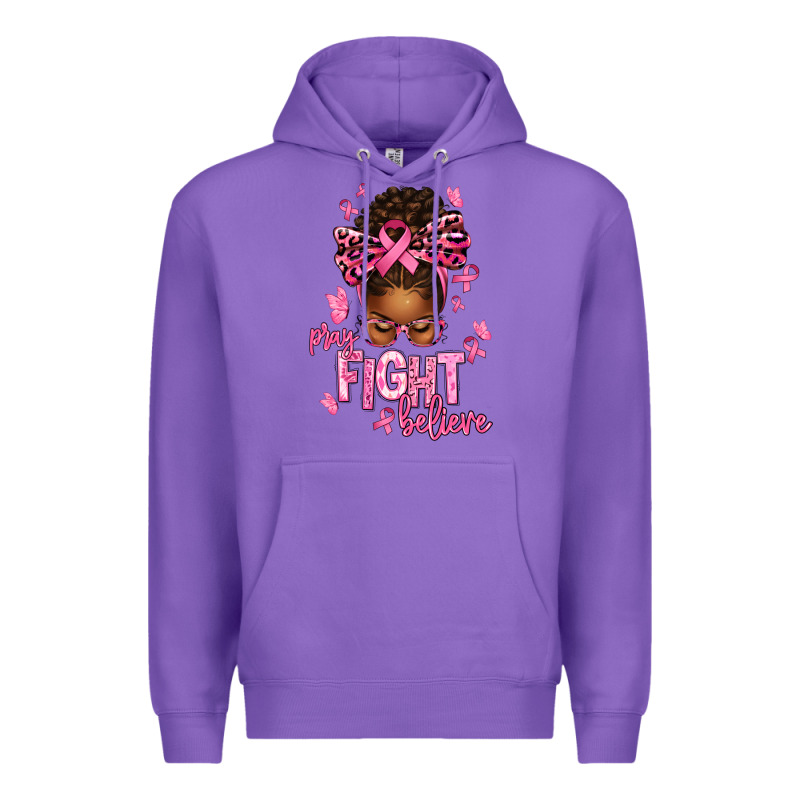 Pray Fight Believe Breast Cancer Afro Messy Premium Hoodie by texasbilliewilder | Teevron