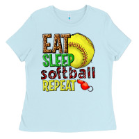 Baby Blue eat sleep softball repeat Ladies Tee - texasbilliewilder