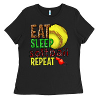 Black eat sleep softball repeat Ladies Tee - texasbilliewilder