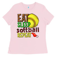 Bubblegum Pink eat sleep softball repeat Ladies Tee - texasbilliewilder