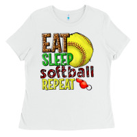 White eat sleep softball repeat Ladies Tee - texasbilliewilder