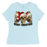 Baby Blue Merry Christmas Skulls Ladies Tee - RanaPortraitStore