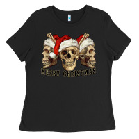 Black Merry Christmas Skulls Ladies Tee - RanaPortraitStore