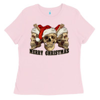 Bubblegum Pink Merry Christmas Skulls Ladies Tee - RanaPortraitStore
