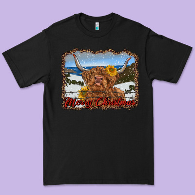 Merry Christmas Highland Cow With Farm Premium Tee Designed By Ranaportraitstore