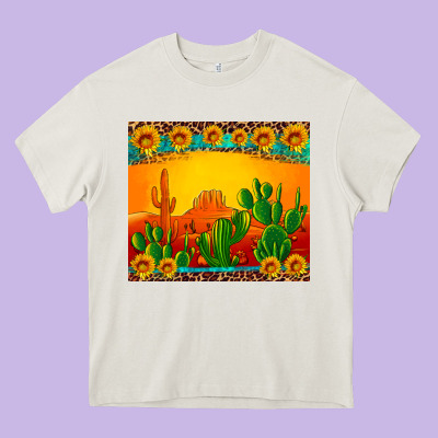 Desert Sunset With Cactus Sunflowers And Leopard Heavy Core Tee Designed By Artiststas