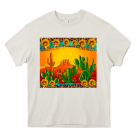 Cream desert sunset with cactus sunflowers and leopard Heavy Core Tee - Artiststas