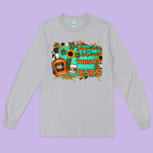 Somewhere Between Whiskey And Jesus Long Sleeve Tee Designed By Jasminsmagicworld