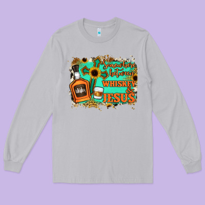 Somewhere Between Whiskey And Jesus Long Sleeve Tee Designed By Jasminsmagicworld