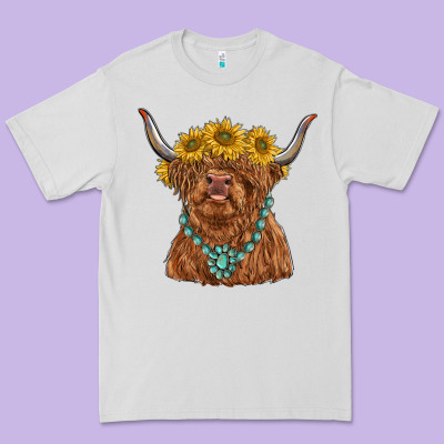 Highland Cow With Sunflower And Gemstone Premium Tee Designed By Ranaportraitstore