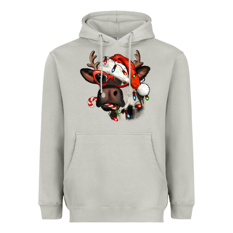 Christmas Cow With Antlers Heavyweight Hoodie by Jasminsmagicworld | Teevron