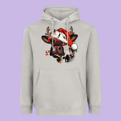 Christmas Cow With Antlers Heavyweight Hoodie Designed By Jasminsmagicworld