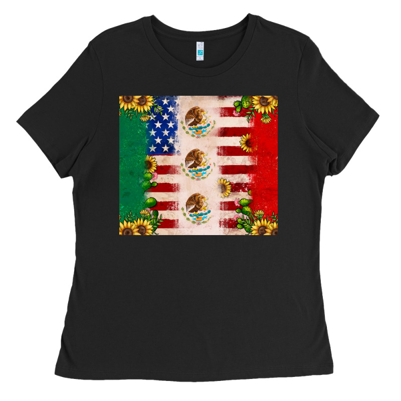American Flag Mexico Flag Sunflower Cactus Ladies Tee by JahusDesignShop | Teevron