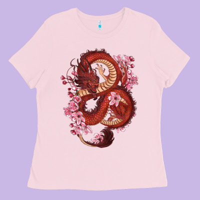 Ladies Tee red dragon and sakura cherry blossoms