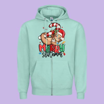 Merry Slothmas Zipper Hoodie Designed By Maliassmallbusiness