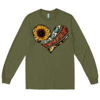 Army Green western sunflower cowhide  heart Long Sleeve Tee - Jasminsmagicworld