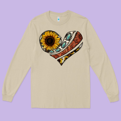 Western Sunflower Cowhide  Heart Long Sleeve Tee Designed By Jasminsmagicworld