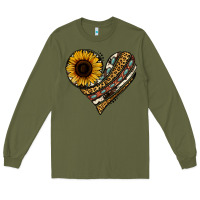 Army Green western sunflower leopard cowhide heart Long Sleeve Tee - Jasminsmagicworld