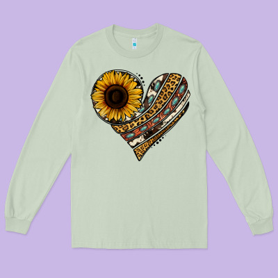 Western Sunflower Leopard Cowhide Heart Long Sleeve Tee Designed By Jasminsmagicworld