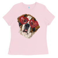 Bubblegum Pink Saint bernard with love glasses Ladies Tee - RanaPortraitStore