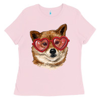 Bubblegum Pink shiba inu with love glasses Ladies Tee - RanaPortraitStore