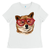 White shiba inu with love glasses Ladies Tee - RanaPortraitStore