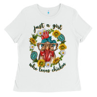 White just a girl who loves chicken with sunflowers and gemstone Ladies Tee - texasbilliewilder