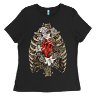 Black Skeleton Rib Cage Heart Ladies Tee - RanaPortraitStore