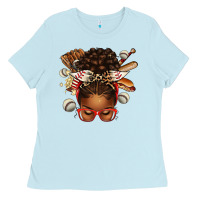 Baseball Afro Messy Bun Ladies Tee | Teevron