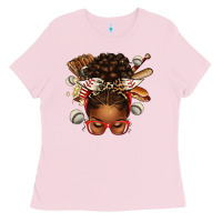 Bubblegum Pink baseball afro messy bun Ladies Tee - texasbilliewilder