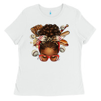 White baseball afro messy bun Ladies Tee - texasbilliewilder