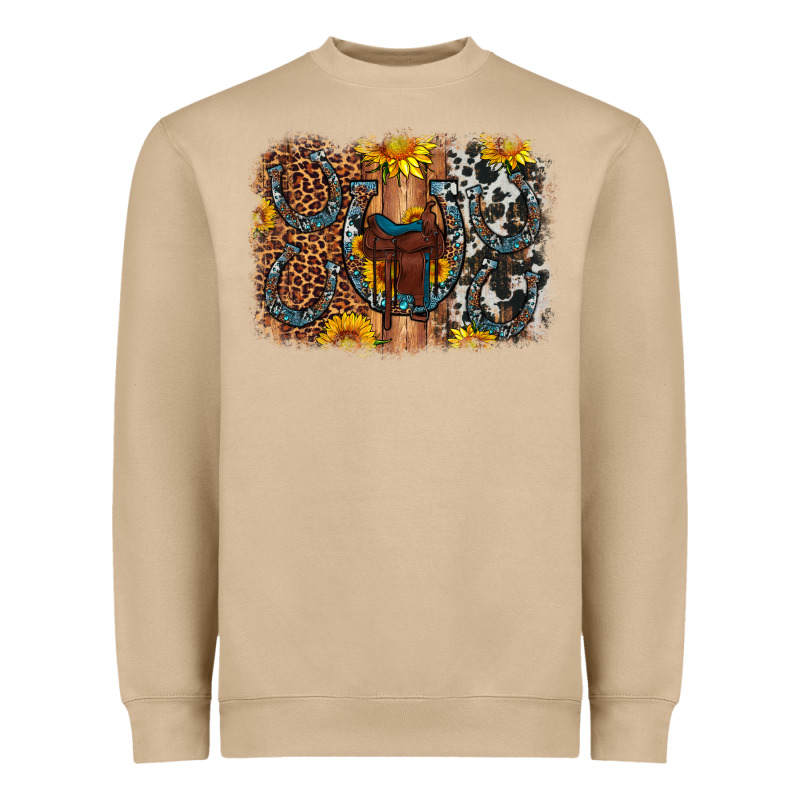 Saddle Sunflower Horseshoe Cowhide Leopard Background Heavyweight Sweatshirt by Artiststas | Teevron