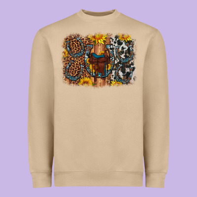 Saddle Sunflower Horseshoe Cowhide Leopard Background Heavyweight Sweatshirt Designed By Artiststas