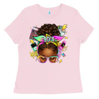 Bubblegum Pink 90s afro messy bun Ladies Tee - texasbilliewilder