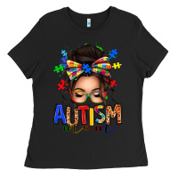 Black autism mom afro messy bun (1) Ladies Tee - texasbilliewilder