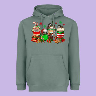 Christmas Sloth Coffee Cups Heavyweight Hoodie Designed By Jasminsmagicworld
