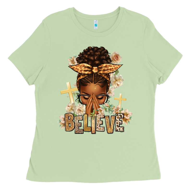 Believe Praying Afro Messy Bun Ladies Tee by texasbilliewilder | Teevron
