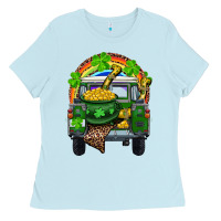 Baby Blue St Patrick's Day Truck With Pot Of Gold Horseshoe And Rainbow Ladies Tee - RanaPortraitStore