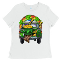 White St Patrick's Day Truck With Pot Of Gold Horseshoe And Rainbow Ladies Tee - RanaPortraitStore