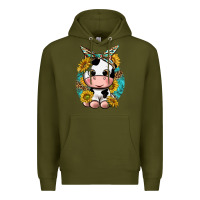 Army Green cute cow with sunflower and leopard Premium Hoodie - texasbilliewilder