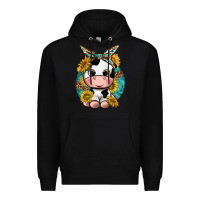 Black cute cow with sunflower and leopard Premium Hoodie - texasbilliewilder