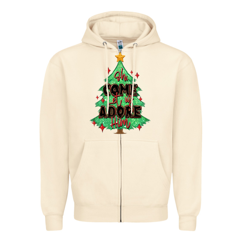 Oh Come Let Us Adore Him Christmas Tree Zipper Hoodie by MaliasSmallBusiness | Teevron