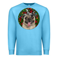 Ocean Blue Christmas Pug With Buffalo Plaid Premium Sweatshirt - RanaPortraitStore