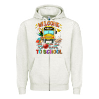Oatmeal Heather welcome back to school with school bus Zipper Hoodie - NancyCooperArtShop