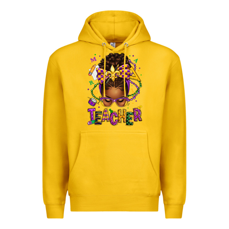 Mardi Gras Teacher Afro Messy Bun Premium Hoodie by texasbilliewilder | Teevron