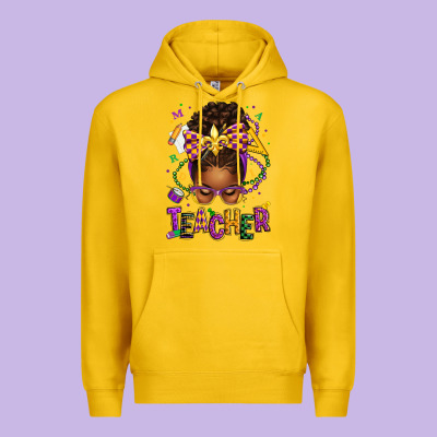 Mardi Gras Teacher Afro Messy Bun Premium Hoodie Designed By Texasbilliewilder