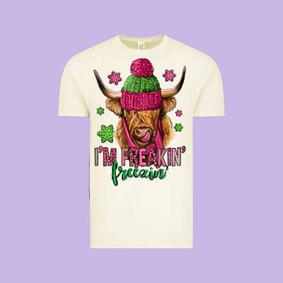 I'm Freakin Freezin Pink Christmas Long Haired Cow Vintage Tee Designed By Jasminsmagicworld