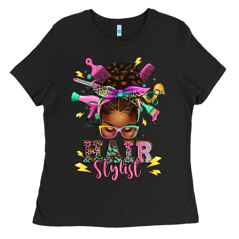 Hair Stylist Afro Messy Bun Ladies Tee by texasbilliewilder | Teevron