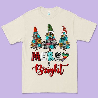 Western Trees Merry And Bright Christmas Premium Tee Designed By Ranaportraitstore