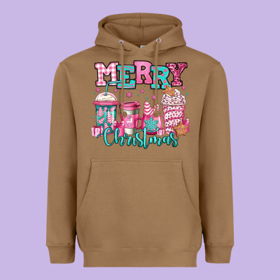 Merry Christmas Pink Coffee Cups Heavyweight Hoodie Designed By Jasminsmagicworld